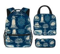 ewndhtse Set di zaino per la scuola con borsa per il pranzo e astuccio, set da 3 pezzi, zaino da viaggio, zaino casual per adolescenti, ragazze, ragazzi, primaria, junior, media, vintage, barca a vela