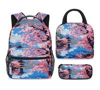 ewndhtse Set di zaino per la scuola con borsa per il pranzo e astuccio, set da 3 pezzi, zaino da viaggio, zaino casual per adolescenti, ragazze, ragazzi, primaria, junior, medio, tempio ciliegio sul