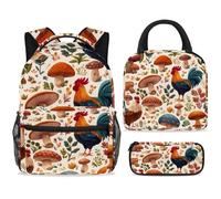 ewndhtse Set di zaino per la scuola con borsa per il pranzo e astuccio, set da 3 pezzi, zaino da viaggio, zaino casual per adolescenti, ragazze, ragazzi, primaria, junior, media, galli sui funghi