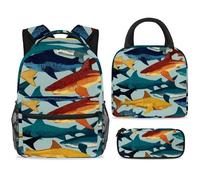 ewndhtse Set di zaino per la scuola con borsa per il pranzo e astuccio, set da 3 pezzi, zaino da viaggio, zaino casual per adolescenti, ragazze, ragazzi, primaria, junior, media, squali