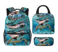 ewndhtse Set di zaino per la scuola con borsa per il pranzo e astuccio, set da 3 pezzi, zaino da viaggio, zaino casual per adolescenti, ragazze, ragazzi, primaria, junior, media, tartaruga nel mare