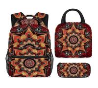 ewndhtse Set di zaino per la scuola con borsa per il pranzo e astuccio, set da 3 pezzi, zaino da viaggio, zaino casual per adolescenti, ragazze, ragazzi, primaria, junior, medio, rosso henné mandala