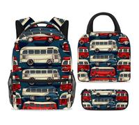 ewndhtse Set di zaino per la scuola con borsa per il pranzo e astuccio, set da 3 pezzi, zaino da viaggio, zaino casual per adolescenti, ragazze, ragazzi, primaria, junior, medio, autobus colorato