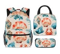 ewndhtse Set di zaino per la scuola con borsa per il pranzo e astuccio, set da 3 pezzi, zaino da viaggio, zaino casual per adolescenti, ragazze, ragazzi, primaria, junior, medio, conchiglie, granchio