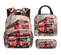 ewndhtse Set di zaino per la scuola con borsa per il pranzo e astuccio, set da 3 pezzi, zaino da viaggio, zaino casual per adolescenti, ragazze, ragazzi, primaria, junior, media, vintage, autobus