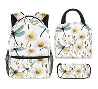 ewndhtse Set di zaino per la scuola con borsa per il pranzo e astuccio, set da 3 pezzi, zaino da viaggio, zaino casual per adolescenti, ragazze, ragazzi, primaria, junior, medio, libellule, camomilla