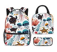 ewndhtse Set di zaino per la scuola con borsa per il pranzo e astuccio, set da 3 pezzi, zaino da viaggio, zaino casual per adolescenti, ragazze, ragazzi, primaria, junior, media, tartarughe e meduse