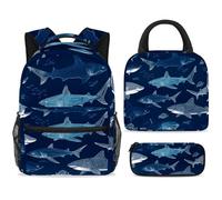 ewndhtse Set di zaino per la scuola con borsa per il pranzo e astuccio, set da 3 pezzi, zaino da viaggio, zaino casual per adolescenti, ragazze, ragazzi, primaria, junior, media, squali e piccoli