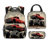 ewndhtse Set di zaino per la scuola con borsa per il pranzo e astuccio, set da 3 pezzi, zaino da viaggio, zaino casual per adolescenti, ragazze, ragazzi, primaria, junior, medio, rosso Monster Car