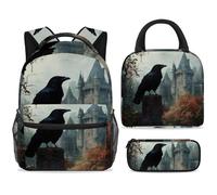 ewndhtse Set di zaino per la scuola con borsa per il pranzo e astuccio, set da 3 pezzi, zaino da viaggio, zaino casual per adolescenti, ragazze, ragazzi, primaria, junior, medio, corvo sul castello di