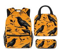 ewndhtse Set di zaino per la scuola con borsa per il pranzo e astuccio, set da 3 pezzi, zaino da viaggio, zaino casual per adolescenti, ragazze, ragazzi, primaria, junior, medio, corvo su foglia di