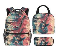 ewndhtse Set di zaino per la scuola con borsa per il pranzo e astuccio, set da 3 pezzi, zaino da viaggio, zaino casual per adolescenti, ragazze, ragazzi, primaria, junior, medio, una chitarra