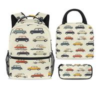 ewndhtse Set di zaino per la scuola con borsa per il pranzo e astuccio, set da 3 pezzi, zaino da viaggio, zaino casual per adolescenti, ragazze, ragazzi, primaria, junior, medio, motivo Cars Doodle