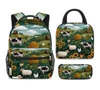 ewndhtse Set di zaino per la scuola con borsa per il pranzo e astuccio, set da 3 pezzi, zaino da viaggio, zaino casual per adolescenti, ragazze, ragazzi, primaria, media, animali della fattoria di