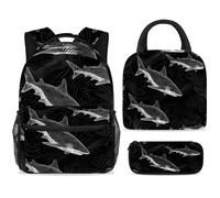 ewndhtse Set di zaino per la scuola con borsa per il pranzo e astuccio, set da 3 pezzi, zaino da viaggio, zaino casual per adolescenti, ragazze, ragazzi, primaria, junior, medio, squali su onde scure