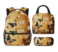 ewndhtse Set di zaino per la scuola con borsa per il pranzo e astuccio, set da 3 pezzi, zaino da viaggio, zaino casual per adolescenti, ragazze, ragazzi, primaria, junior, media, vintage, farfalla
