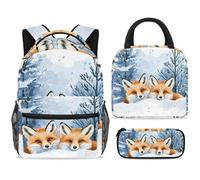 ewndhtse Set di zaino per la scuola con borsa per il pranzo e astuccio, set da 3 pezzi, zaino da viaggio, zaino casual per adolescenti, ragazze, ragazzi, primaria, junior, medio, con volpi che si
