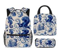ewndhtse Set di zaino per la scuola con borsa per il pranzo e astuccio, set da 3 pezzi, zaino da viaggio, zaino casual per adolescenti, ragazze, ragazzi, primaria, junior, medio, granchio marino