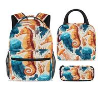 ewndhtse Set di zaino per la scuola con borsa per il pranzo e astuccio, set da 3 pezzi, zaino da viaggio, zaino casual per adolescenti, ragazze, ragazzi, primaria e media, cavalluccio marino, meduse e