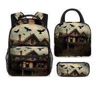 ewndhtse Set di zaino per la scuola con borsa per il pranzo e astuccio, set da 3 pezzi, zaino da viaggio, zaino casual per adolescenti, ragazze, ragazzi, primaria, junior, media, con corvo che vola