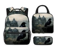 ewndhtse Set di zaino per la scuola con borsa per il pranzo e astuccio, set da 3 pezzi, zaino da viaggio, zaino casual per adolescenti, ragazze, ragazzi, primaria, junior, medio, castello di corvo