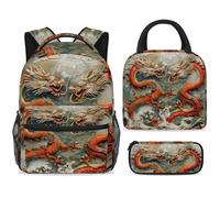 ewndhtse Set di zaino per la scuola con borsa per il pranzo e astuccio, set da 3 pezzi, zaino da viaggio, zaino casual per adolescenti, ragazze, ragazzi, primaria, junior, media, due antichi draghi