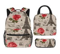 ewndhtse Set di zaino per la scuola con borsa per il pranzo e astuccio, set da 3 pezzi, zaino da viaggio, zaino casual per adolescenti, ragazze, ragazzi, primaria, junior, media, cartolina vintage