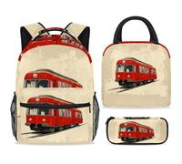 ewndhtse Set di zaino per la scuola con borsa per il pranzo e astuccio, set da 3 pezzi, zaino da viaggio, zaino casual per adolescenti, ragazze, ragazzi, primaria, junior, medio, tram rosso retrò