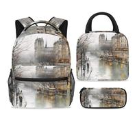 ewndhtse Set di zaino per la scuola con borsa per il pranzo e astuccio, set da 3 pezzi, zaino da viaggio, zaino casual per adolescenti, ragazze, ragazzi, primaria, junior, medio, freddo inverno fiume