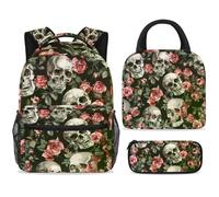 ewndhtse Set di zaino per la scuola con borsa per il pranzo e astuccio, set da 3 pezzi, zaino da viaggio, zaino casual per adolescenti, ragazze, ragazzi, primaria, junior, medio, teschi di zucchero