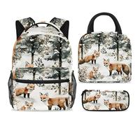 ewndhtse Set di zaino per la scuola con borsa per il pranzo e astuccio, set da 3 pezzi, zaino da viaggio, zaino casual per adolescenti, ragazze, ragazzi, primaria, junior, media, famiglia di volpi