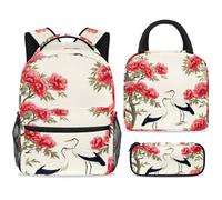 ewndhtse Set di zaino per la scuola con borsa per il pranzo e astuccio, set da 3 pezzi, zaino da viaggio, zaino casual per adolescenti, ragazze, ragazzi, primaria, junior, medio, fiore peonia due