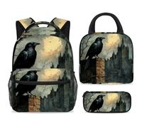 ewndhtse Set di zaino per la scuola con borsa per il pranzo e astuccio, set da 3 pezzi, zaino da viaggio, zaino casual per adolescenti, ragazze, ragazzi, primaria, junior, medio, corvo su muro di