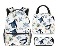 ewndhtse Set di zaino per la scuola con borsa per il pranzo e astuccio, set da 3 pezzi, zaino da viaggio, zaino casual per adolescenti, ragazze, ragazzi, primaria, junior, media, con pinguini giocosi