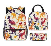 ewndhtse Set di zaino per la scuola con borsa per il pranzo e astuccio, set da 3 pezzi, zaino da viaggio, zaino casual per adolescenti, ragazze, ragazzi, primaria, junior, medio, colorato canguro e