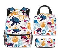 ewndhtse Set di zaino per la scuola con borsa per il pranzo e astuccio, set da 3 pezzi, zaino da viaggio, zaino casual per adolescenti, ragazze, ragazzi, primaria, junior, medio, meduse, tartarughe