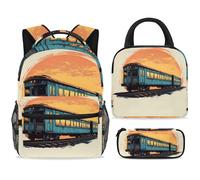 ewndhtse Set di zaino per la scuola con borsa per il pranzo e astuccio, set da 3 pezzi, zaino da viaggio, zaino casual per adolescenti, ragazze, ragazzi, primaria, junior, media, tramonto retrò, treno