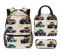 ewndhtse Set di zaino per la scuola con borsa per il pranzo e astuccio, set da 3 pezzi, zaino da viaggio, zaino casual per adolescenti, ragazze, ragazzi, primaria, junior, medio, colorato Monster Cars