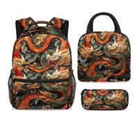ewndhtse Set di zaino per la scuola con borsa per il pranzo e astuccio, set da 3 pezzi, zaino da viaggio, zaino casual per adolescenti, ragazze, ragazzi, primaria, junior, medio, drago rosso e verde