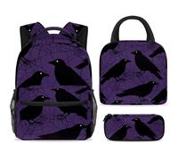 ewndhtse Set di zaino per la scuola con borsa per il pranzo e astuccio, set da 3 pezzi, zaino da viaggio, zaino casual per adolescenti, ragazze, ragazzi, primaria, junior, medio, corvo nero su