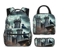 ewndhtse Set di zaino per la scuola con borsa per il pranzo e astuccio, set da 3 pezzi, zaino da viaggio, zaino casual per adolescenti, ragazze, ragazzi, primaria, junior, medio, corvo sul castello