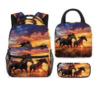 ewndhtse Set di zaino per la scuola con borsa per il pranzo e astuccio, set da 3 pezzi, zaino da viaggio, zaino casual per adolescenti, ragazze, ragazzi, primaria, junior, medio, cavallo sull'alba