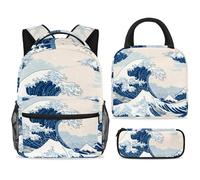 ewndhtse Set di zaino per la scuola con borsa per il pranzo e astuccio, set da 3 pezzi, zaino da viaggio, zaino casual per adolescenti, ragazze, ragazzi, primaria, junior, medio, onde del mare