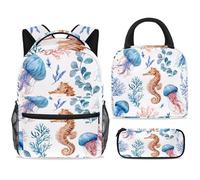 ewndhtse Set di zaino per la scuola con borsa per il pranzo e astuccio, set da 3 pezzi, zaino da viaggio, zaino casual per adolescenti, ragazze, ragazzi, primaria, junior, medio, acquerello, meduse