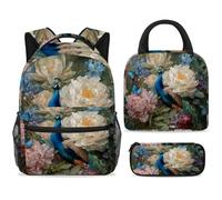 ewndhtse Set di zaino per la scuola con borsa per il pranzo e astuccio, set da 3 pezzi, zaino da viaggio, zaino casual per adolescenti, ragazze, ragazzi, primaria, junior, medio, farfalla su peonia