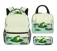ewndhtse Set di zaino per la scuola con borsa per il pranzo e astuccio, set da 3 pezzi, zaino da viaggio, zaino casual per adolescenti, ragazze, ragazzi, primaria, junior, medio, rana su laghetto di