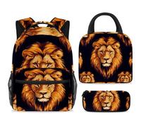 ewndhtse Set di zaino per la scuola con borsa per il pranzo e astuccio, set da 3 pezzi, zaino da viaggio, zaino casual per adolescenti, ragazze, ragazzi, primaria, junior, media, ritratto leoni