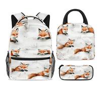 ewndhtse Set di zaino per la scuola con borsa per il pranzo e astuccio, set da 3 pezzi, zaino da viaggio, zaino casual per adolescenti, ragazze, ragazzi, primaria, junior, media, motivo: volpi felici