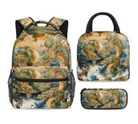 ewndhtse Set di zaino per la scuola con borsa per il pranzo e astuccio, set da 3 pezzi, zaino da viaggio, zaino casual per adolescenti, ragazze, ragazzi, primaria e media, onde del drago cinese