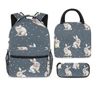 ewndhtse Set di zaino per la scuola con borsa per il pranzo e astuccio, set da 3 pezzi, zaino da viaggio, zaino casual per adolescenti, ragazze, ragazzi, primaria, junior, media, coniglietto neve